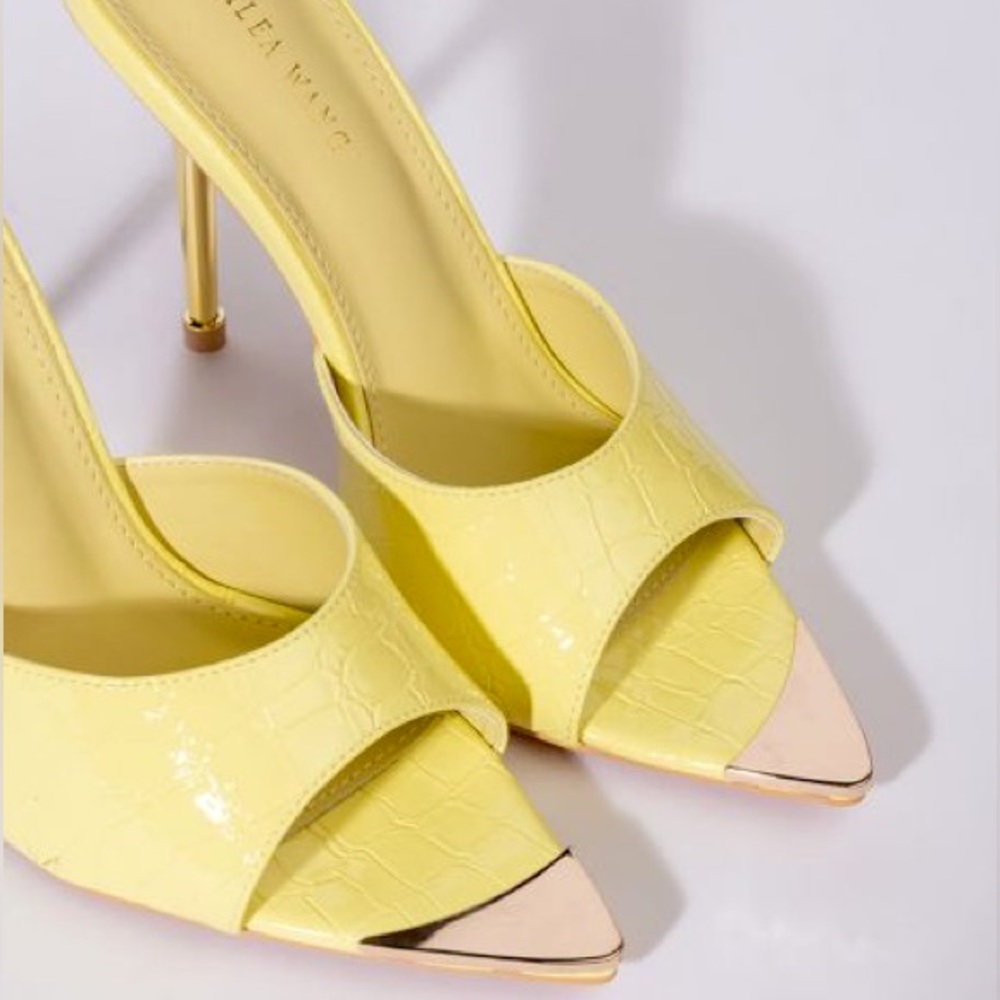 Azalea Wang Yellow Vegan Crocodile Leather High Heel Mule Sandals